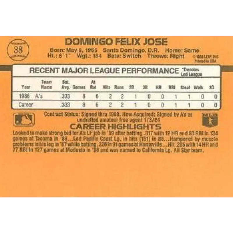 1989 Donruss #38 Felix Jose/ NM-MT RC Rookie Oakland Athletics Baseball Card - Baseball Card Single