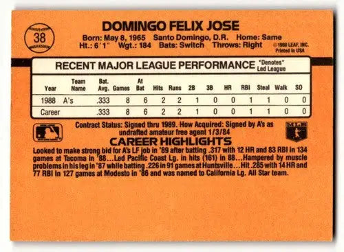 Orange baseball card featuring Felix Jose Oakland Athletics with player stats and original gloss