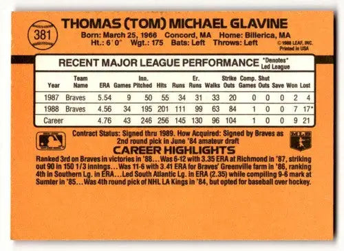 1989 Donruss #381 Tom Glavine Atlanta Braves Baseball Cards EX/NM ID:64452 - Baseball Card Single