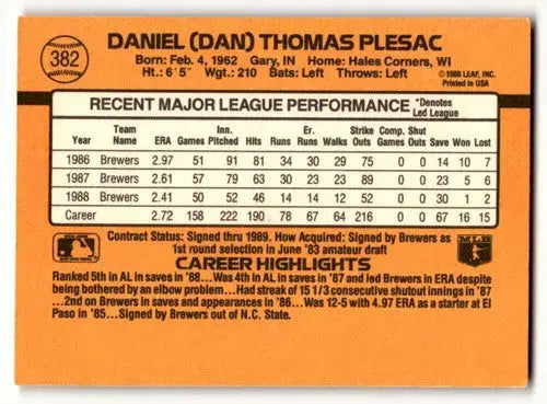 1989 Donruss #382 Dan Plesac Milwaukee Brewers Baseball Cards EX/NM ID:58492 - Baseball Card Single