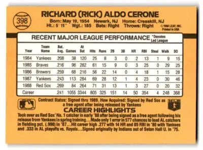 Baseball trading card of Rick Cerone Boston Red Sox 1989 Donruss #398