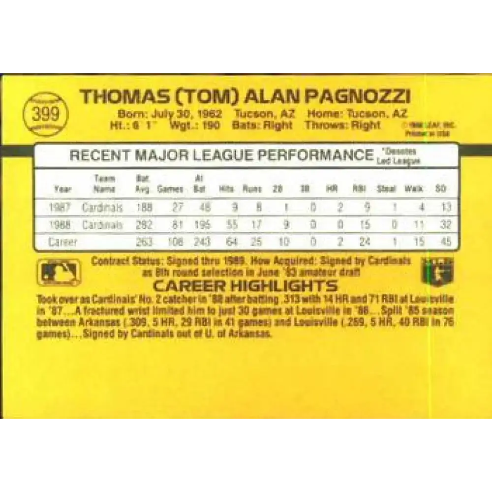 1989 Donruss #399 Tom Pagnozzi NM-MT St. Louis Cardinals Baseball Card - Baseball Card Single