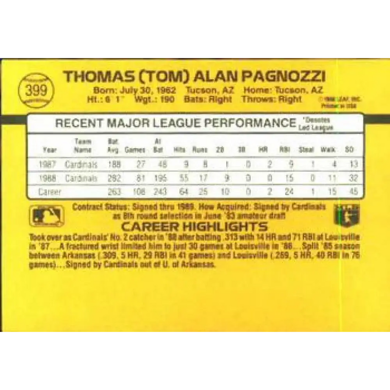 1989 Donruss #399 Tom Pagnozzi NM-MT St. Louis Cardinals Baseball Card - Baseball Card Single