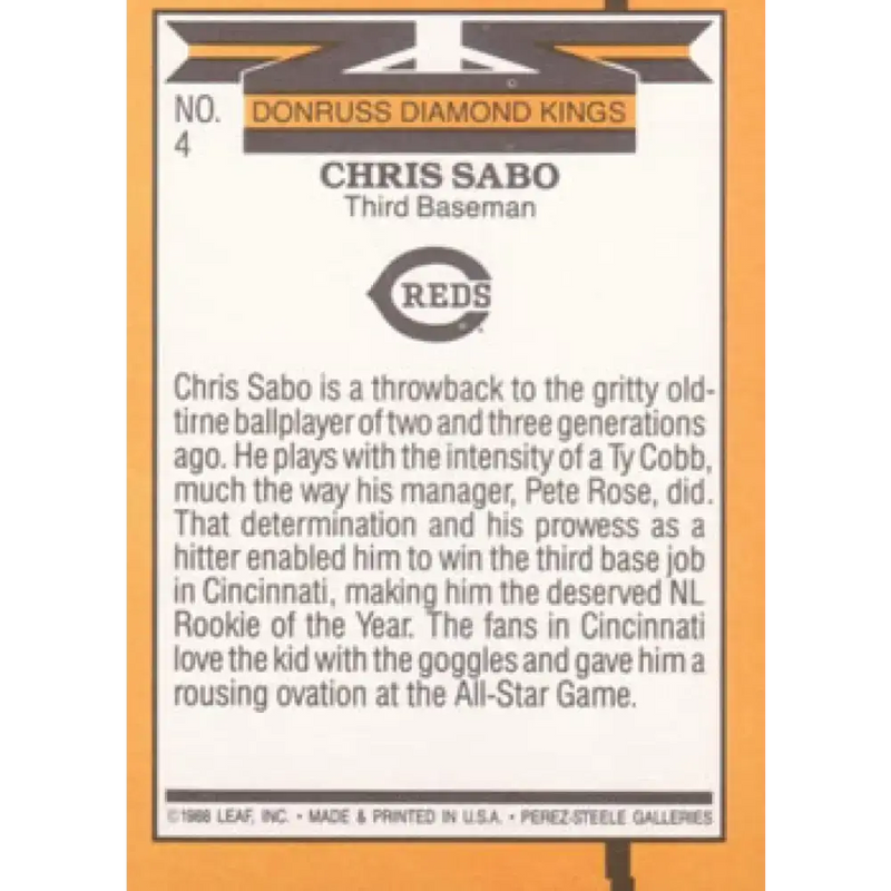 1989 Donruss #4 Chris Sabo DK DP NM-MT Cincinnati Reds Baseball Card - Baseball Card Single