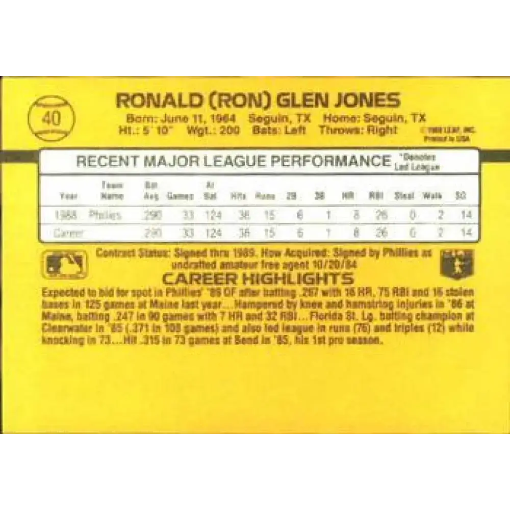 1989 Donruss #40 Ron Jones NM-MT RC Rookie Philadelphia Phillies Baseball Card - Baseball Card Single
