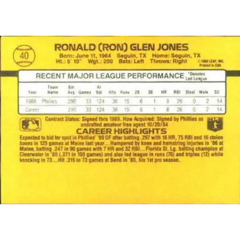 1989 Donruss #40 Ron Jones NM-MT RC Rookie Philadelphia Phillies Baseball Card - Baseball Card Single