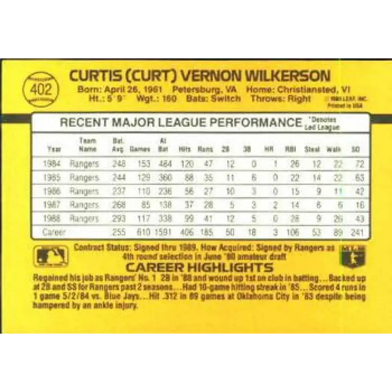1989 Donruss #402 Curtis Wilkerson NM-MT Texas Rangers Baseball Card - Baseball Card Single