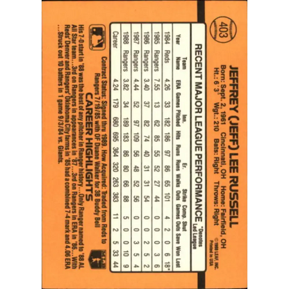 1989 Donruss #403 Jeff Russell NM-MT Texas Rangers Baseball Card