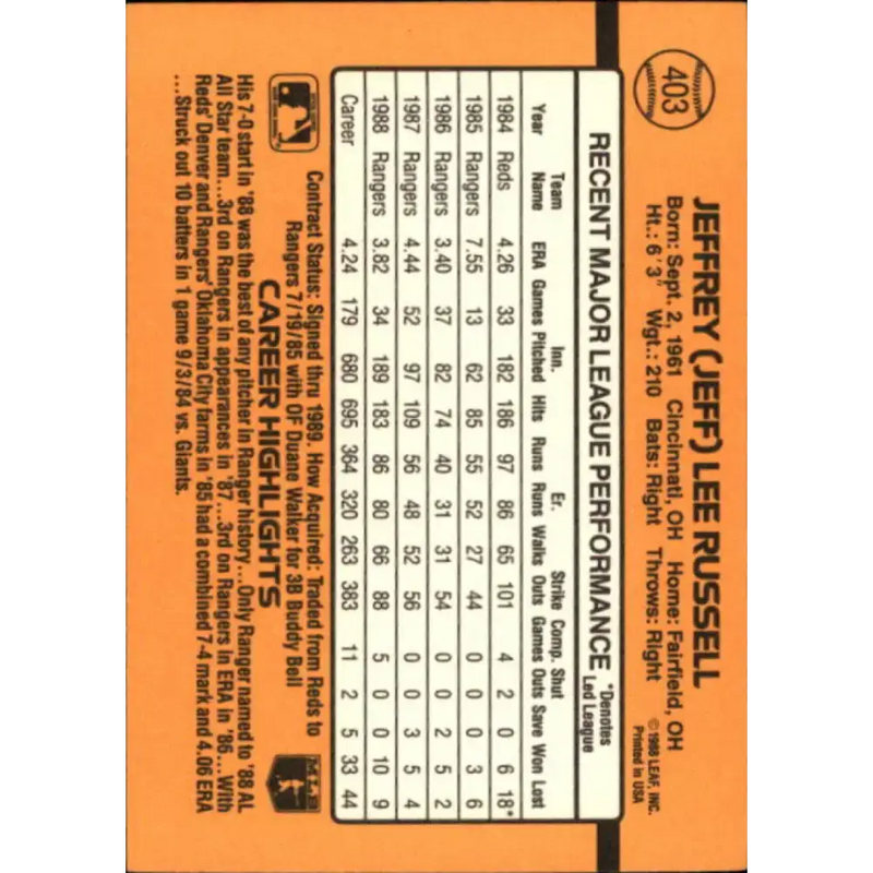 1989 Donruss #403 Jeff Russell NM-MT Texas Rangers Baseball Card - Baseball Card Single
