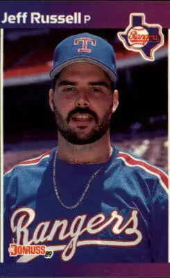 Original gloss 1989 Donruss Jeff Russell baseball card featuring Jeff Russell and Simply Sandoval
