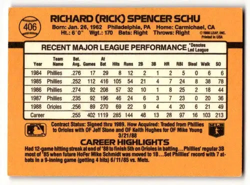 1989 Donruss #406 Rick Schu Baltimore Orioles Baseball Cards EX/NM ID:58488 - Baseball Card Single