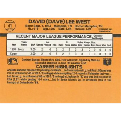 1989 Donruss #41 David West/ NM-MT RC Rookie New York Mets Baseball Card