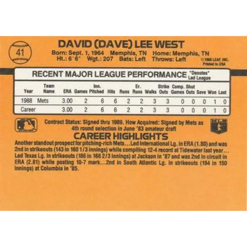 1989 Donruss #41 David West/ NM-MT RC Rookie New York Mets Baseball Card - Baseball Card Single