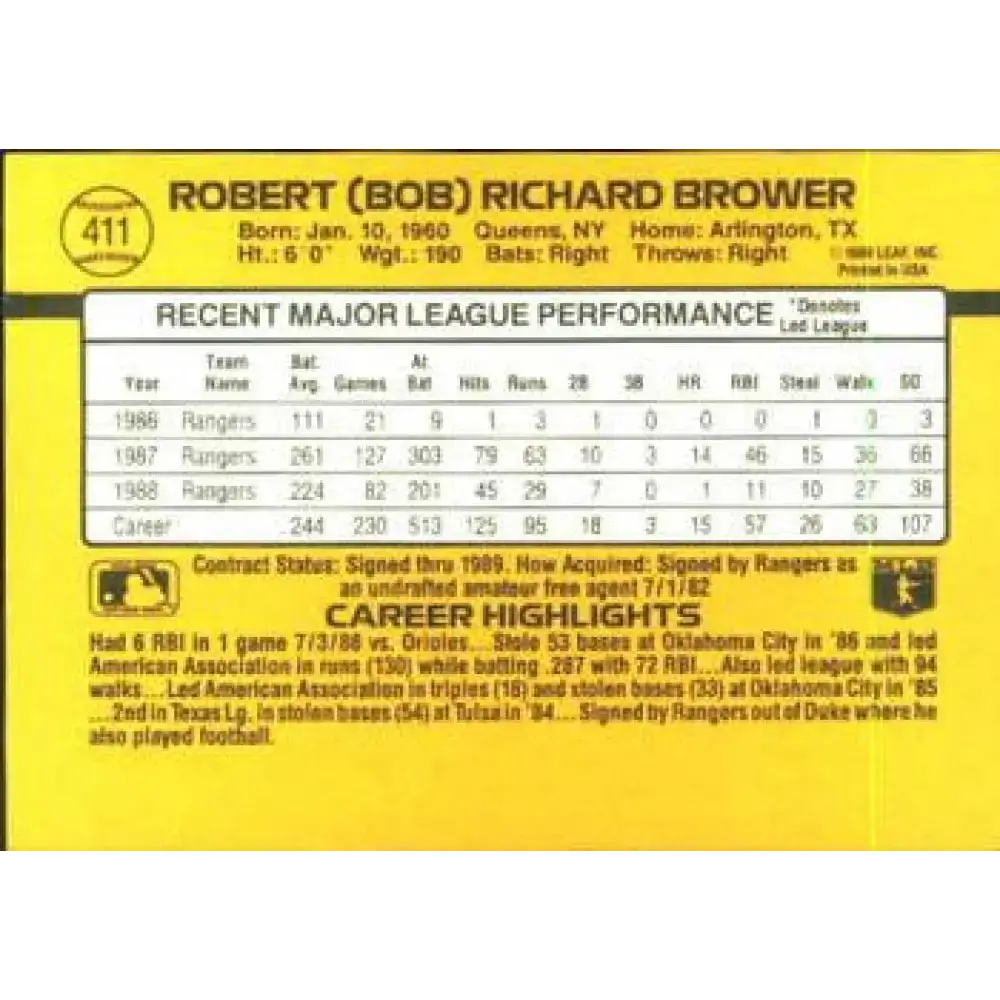 1989 Donruss #411 Bob Brower NM-MT Texas Rangers Baseball Card - Baseball Card Single