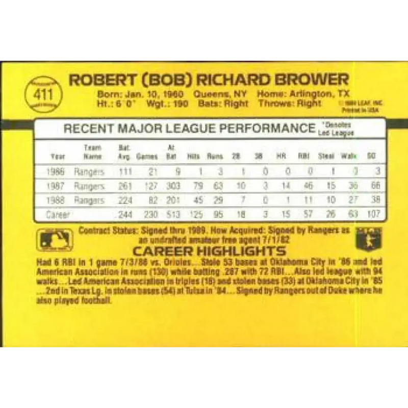 1989 Donruss #411 Bob Brower NM-MT Texas Rangers Baseball Card - Baseball Card Single