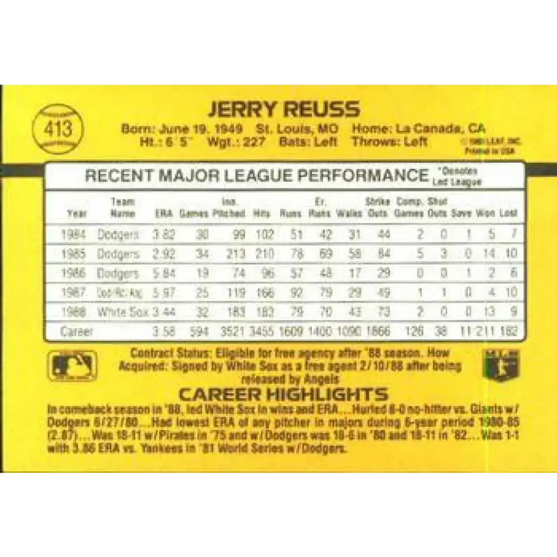 1989 Donruss #413 Jerry Reuss NM-MT Chicago White Sox Baseball Card - Baseball Card Single