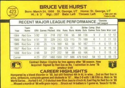 Back of 1989 Donruss Bruce Hurst baseball card featuring original gloss and player info