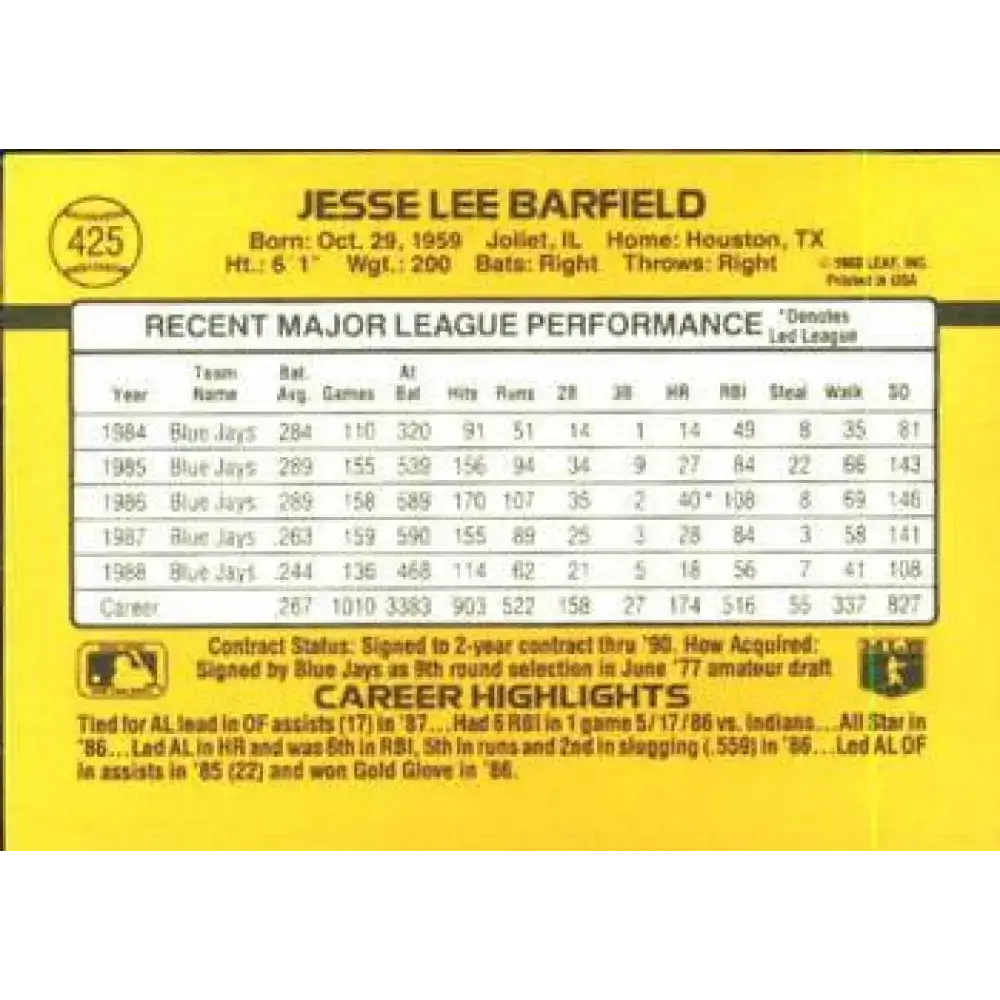 1989 Donruss #425 Jesse Barfield NM-MT Toronto Blue Jays Baseball Card - Baseball Card Single