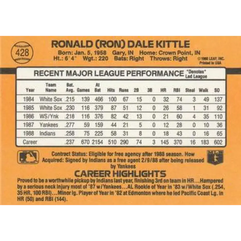 1989 Donruss #428 Ron Kittle NM-MT Cleveland Indians Baseball Card - Baseball Card Single