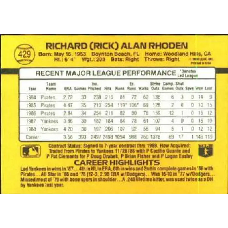 1989 Donruss #429 Rick Rhoden NM-MT New York Yankees Baseball Card - Baseball Card Single