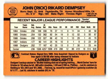 Back of 1989 Donruss Rick Dempsey Los Angeles Dodgers baseball card with player stats