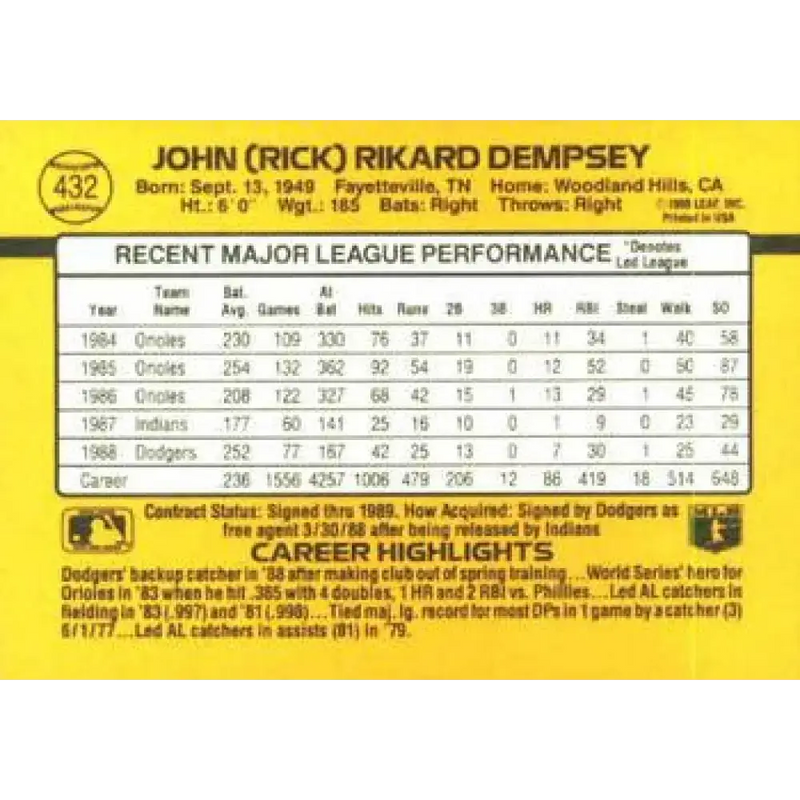 1989 Donruss #432 Rick Dempsey NM-MT Los Angeles Dodgers Baseball Card - Baseball Card Single