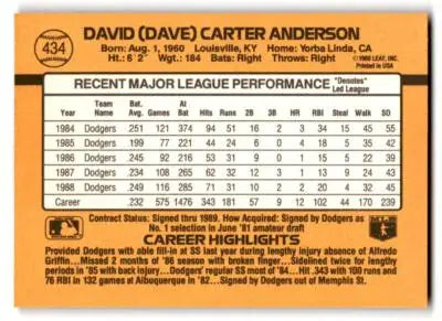 Baseball card featuring Dave Anderson with player stats from 1989 Donruss #434b