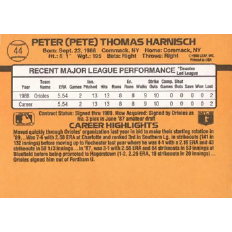 1989 Donruss #44 Pete Harnisch/ NM-MT RC Rookie Baltimore Orioles Baseball Card - Baseball Card Single
