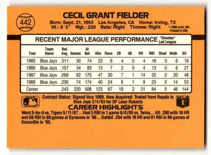 1989 Donruss #442 Cecil Fielder Toronto Blue Jays Baseball Cards NM ID:64469
