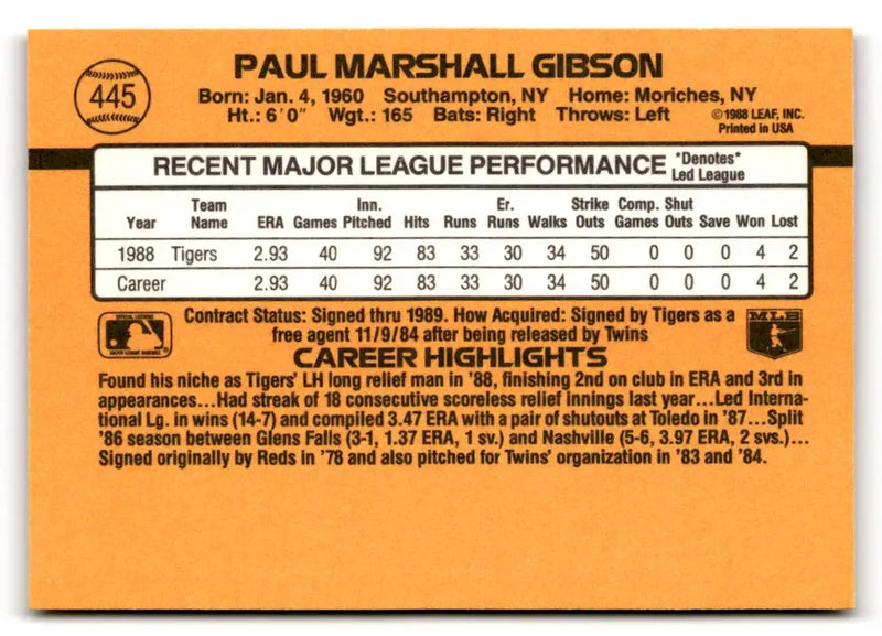 1989 Donruss #445 Paul Gibson - Baseball Card Single