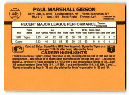 1989 Donruss #445 Paul Gibson Detroit Tigers Baseball Cards EX/NM ID:58487