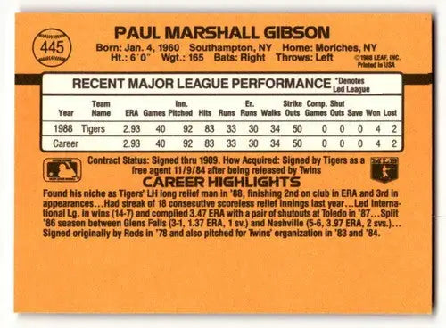 1989 Donruss #445 Paul Gibson Detroit Tigers Baseball Cards EX/NM ID:58487 - Baseball Card Single
