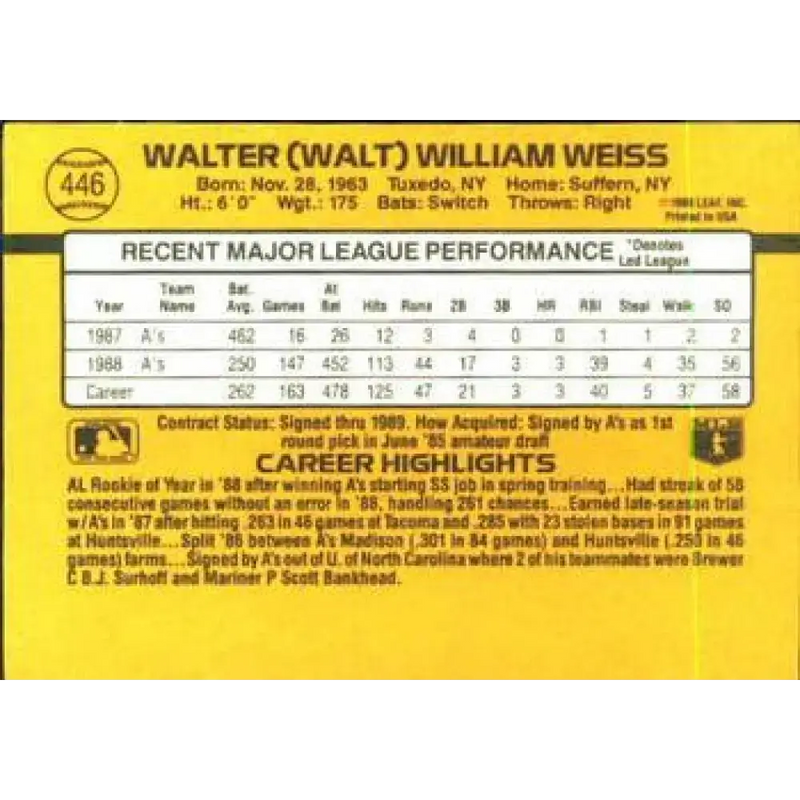 1989 Donruss #446 Walt Weiss NM-MT Oakland Athletics Baseball Card - Baseball Card Single