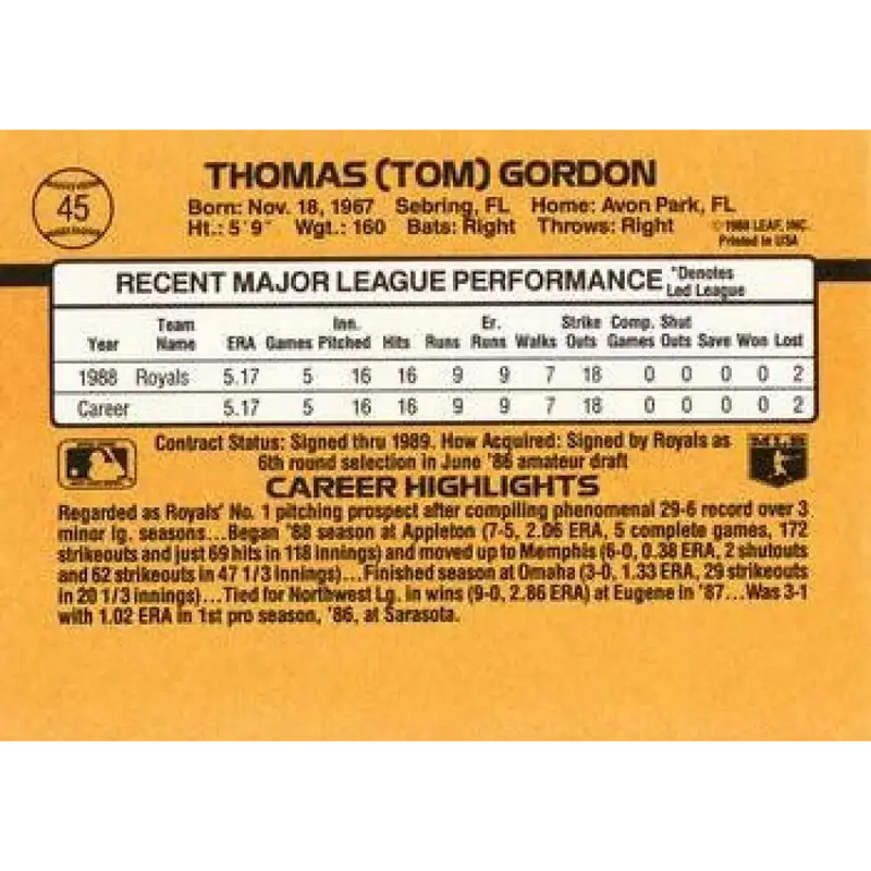 1989 Donruss #45 Tom Gordon NM-MT RC Rookie Kansas City Royals Baseball Card - Baseball Card Single