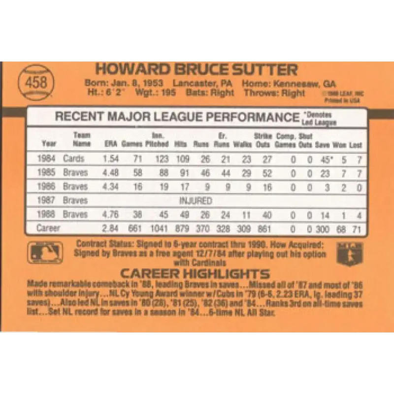1989 Donruss #458 Bruce Sutter NM-MT Atlanta Braves Baseball Card - Baseball Card Single