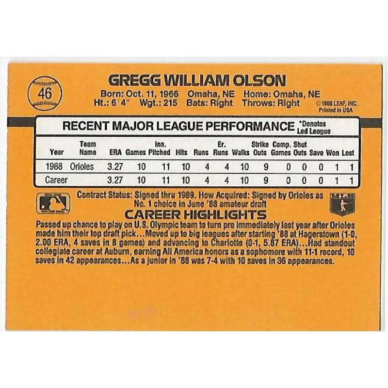 1989 Donruss #46 Gregg Olson/ DP NM-MT RC Rookie Baltimore Orioles Baseball Card - Baseball Card Single