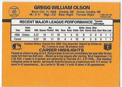 1989 Donruss #46 Gregg Olson/ EX Excellent RC Rookie Orioles DP