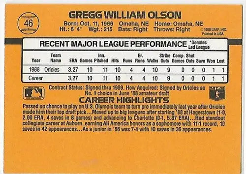 1989 Donruss #46 Gregg Olson/ EX Excellent RC Rookie Orioles DP - Baseball Card Single