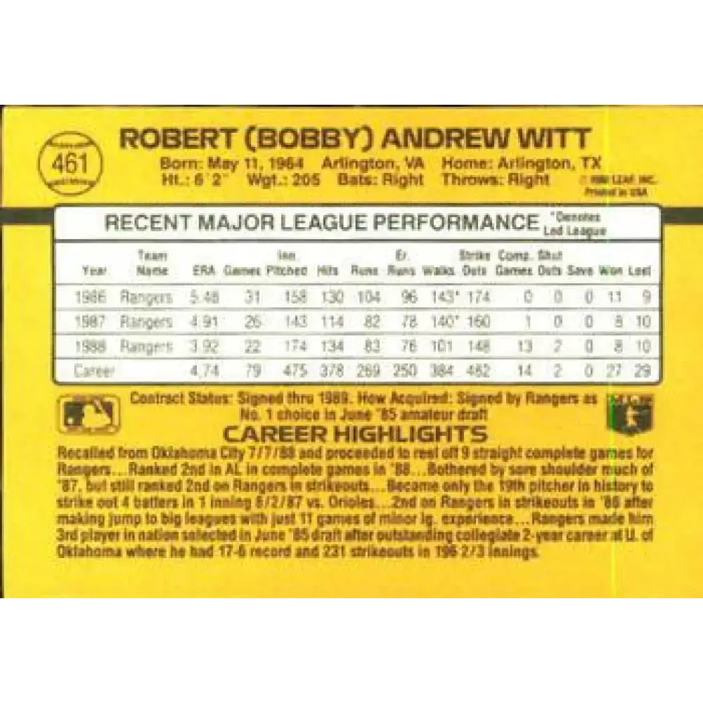 1989 Donruss #461 Bobby Witt NM-MT Texas Rangers Baseball Card - Baseball Card Single