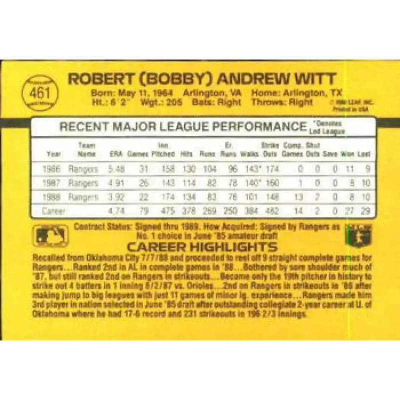 1989 Donruss #461 Bobby Witt NM-MT Texas Rangers Baseball Card - Baseball Card Single