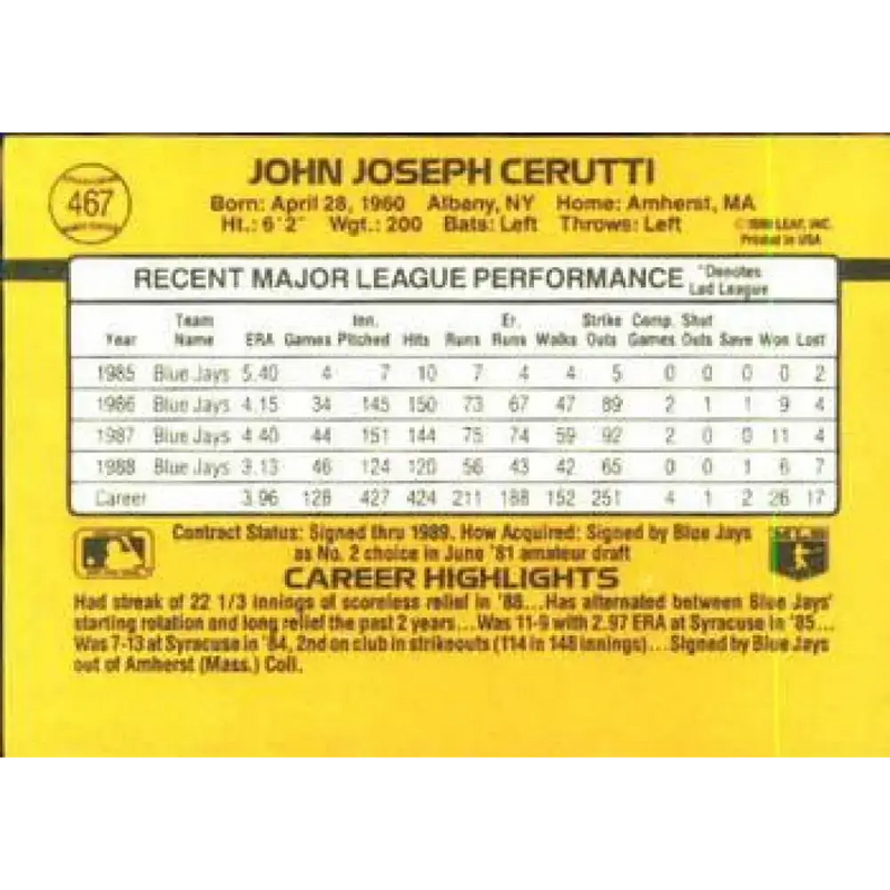 1989 Donruss #467 John Cerutti NM-MT Toronto Blue Jays Baseball Card - Baseball Card Single