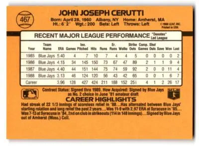 Back of 1989 Donruss #467b John Cerutti baseball card with player statistics
