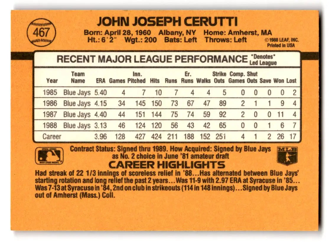1989 Donruss #467b John Cerutti - Baseball Card Single