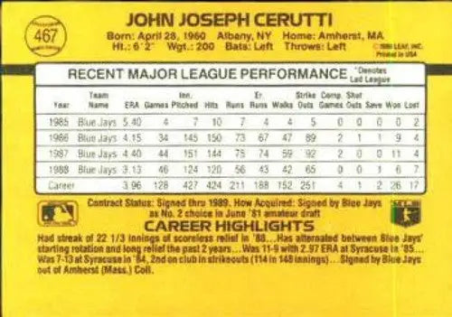 1989 Donruss #467b John Cerutti NM Near Mint Blue Jays ID:81463 - Baseball Card Single