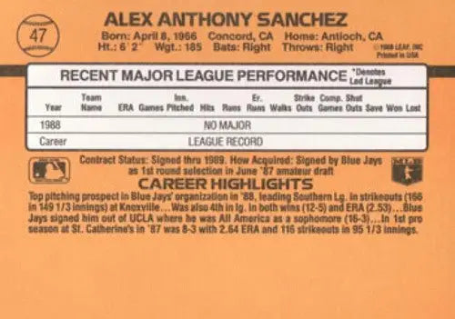 1989 Donruss #47 Alex Sanchez / NM Near Mint RC Rookie Blue Jays ID:81454 - Baseball Card Single