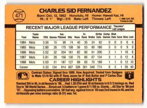 1989 Donruss #471 Sid Fernandez New York Mets Baseball Cards EX/NM ID:58486