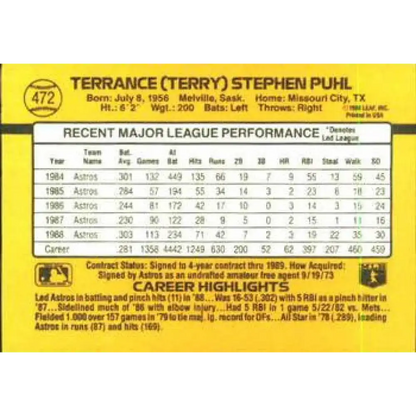 1989 Donruss #472 Terry Puhl NM-MT Houston Astros Baseball Card