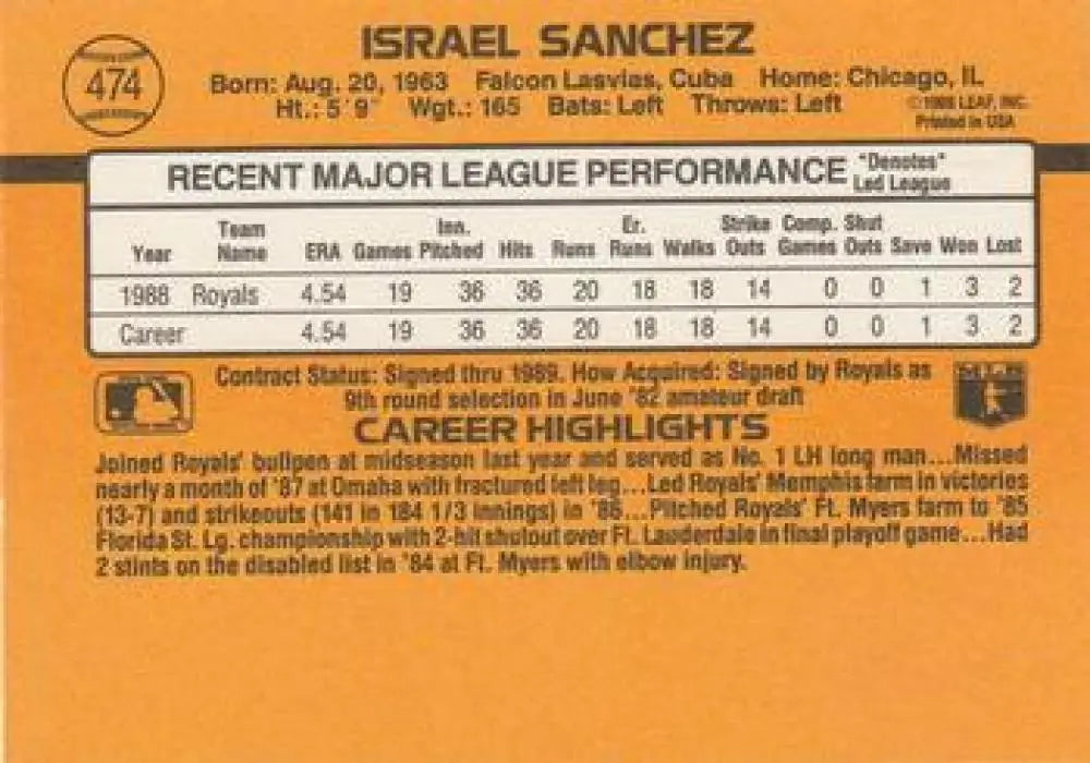 1989 Donruss #474b Israel Sanchez NM Near Mint Royals ID:81464 - Baseball Card Single