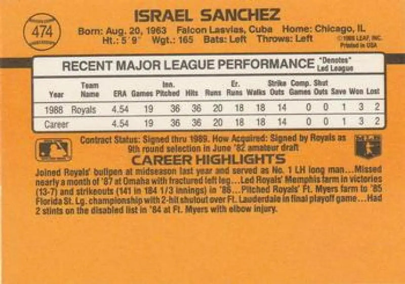 1989 Donruss #474b Israel Sanchez NM Near Mint Royals ID:81464 - Baseball Card Single