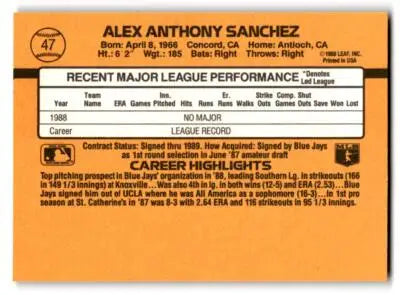 Baseball card featuring Alex Sanchez with player stats from 1989 Donruss #47a Alex Sanchez
